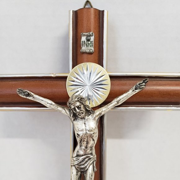Wood Crucifix ,Silver Resin Corpus Wall Cross 8" - Picture 2 of 5